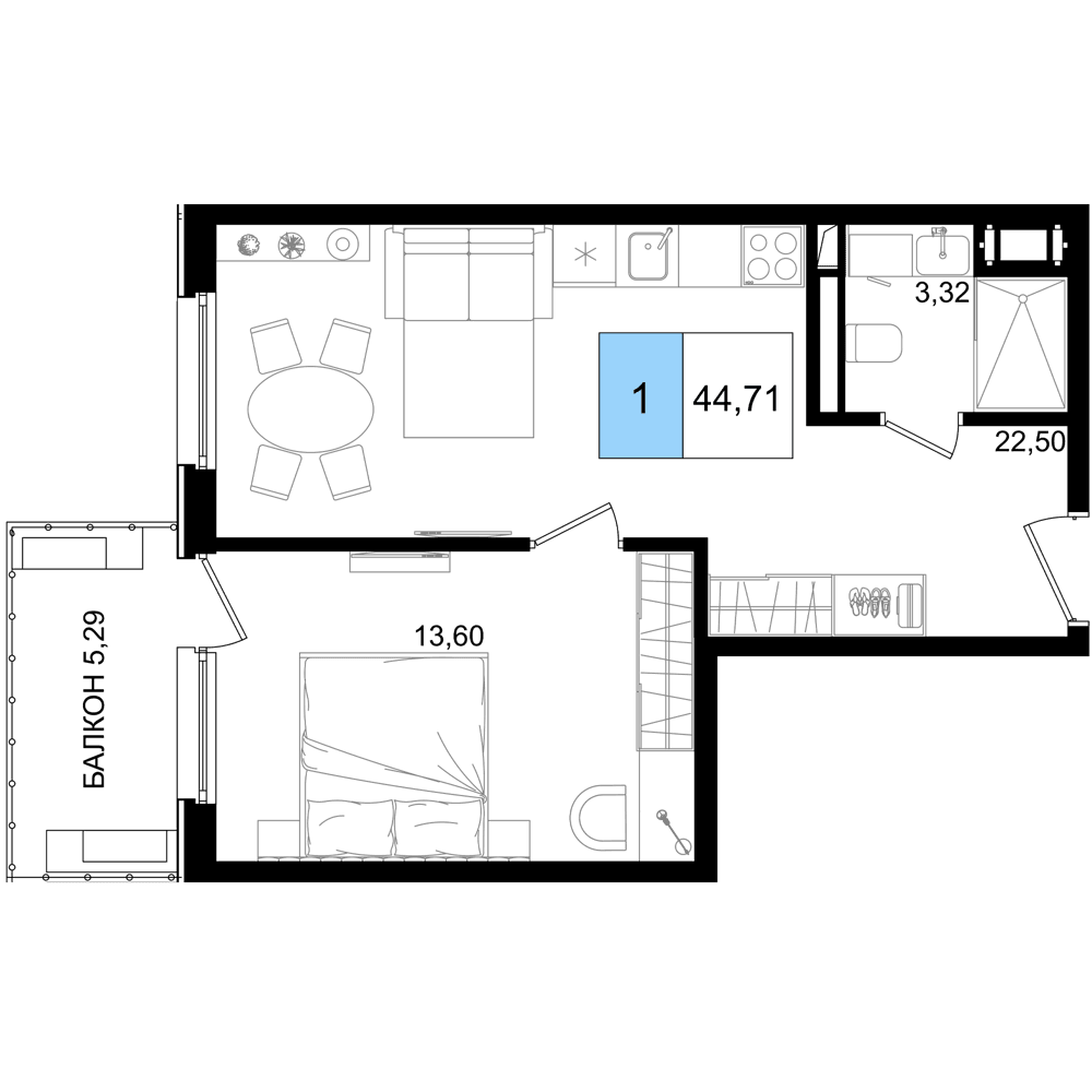 2-к, 44.7 м² · Корсаков