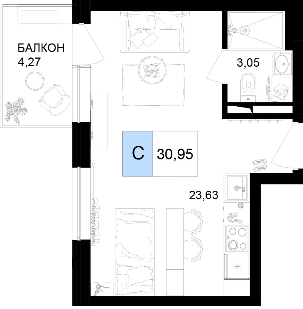 Студия, 30.95 м² · Корсаков