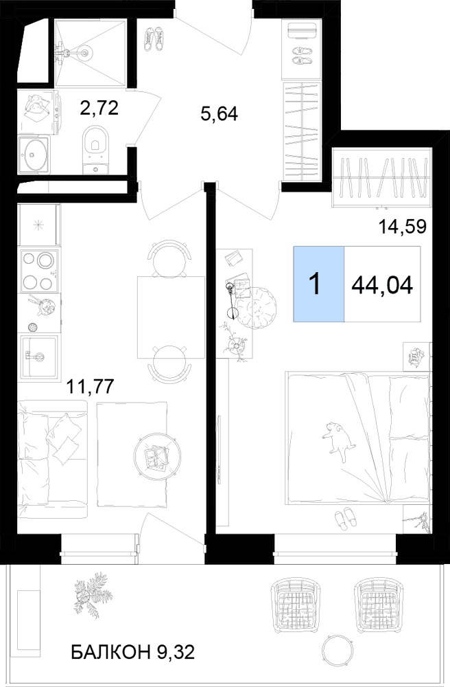 2-к, 44.04 м² · Корсаков
