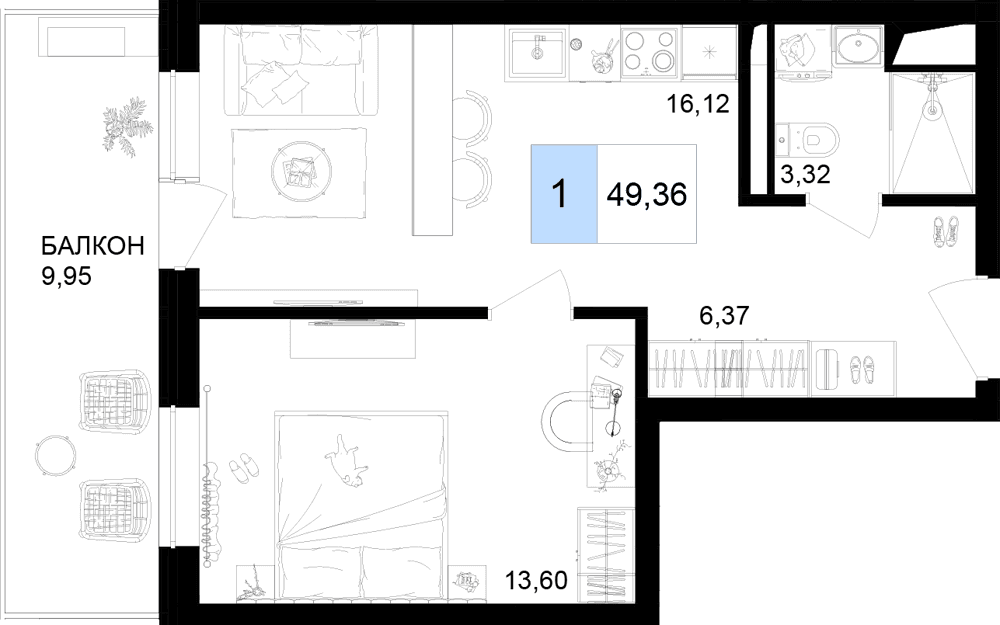 2-к, 49.36 м² · Корсаков