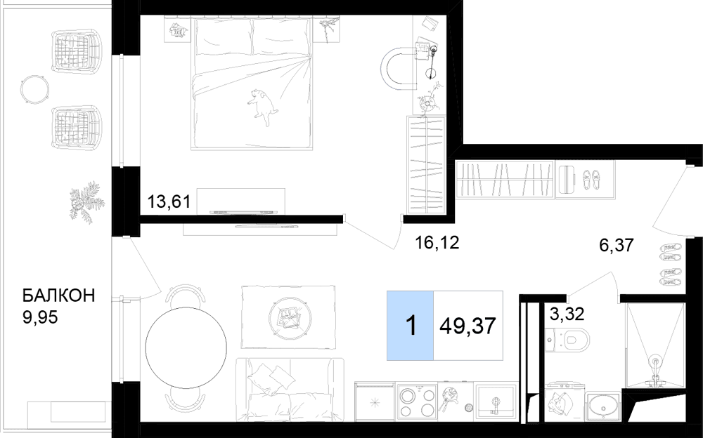 2-к, 49.37 м² · Корсаков