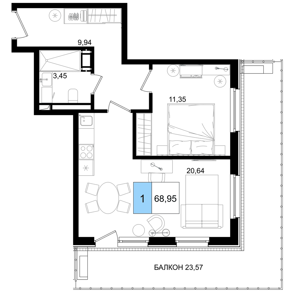 2-к, 68.95 м² · Корсаков