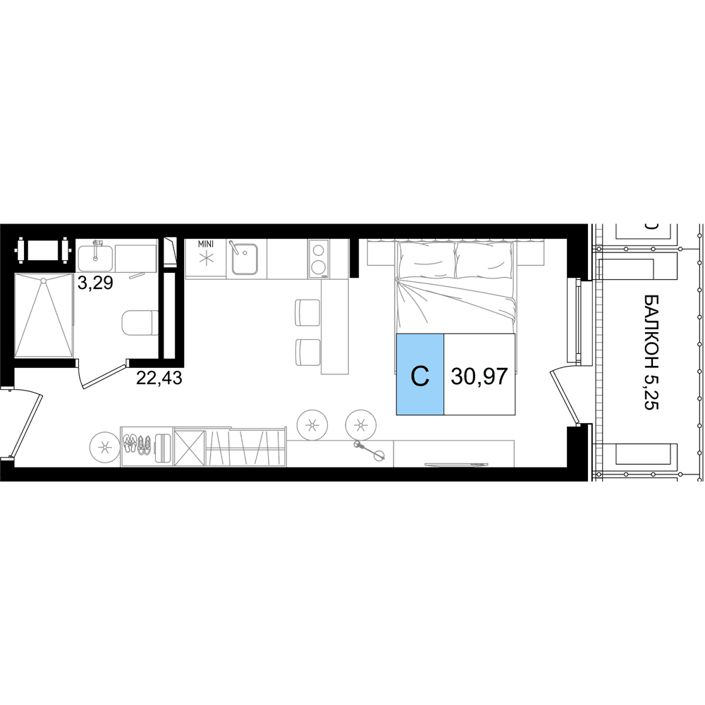 Студия, 30.95 м² · Корсаков