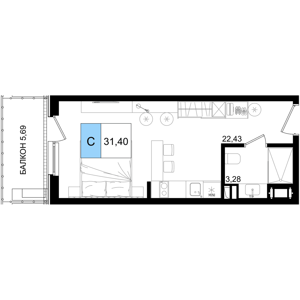 Студия, 31.4 м² · Корсаков
