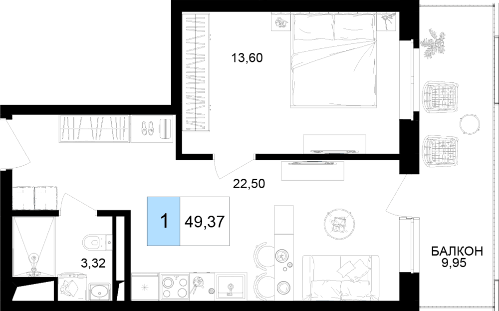2-к, 49.37 м² · Корсаков