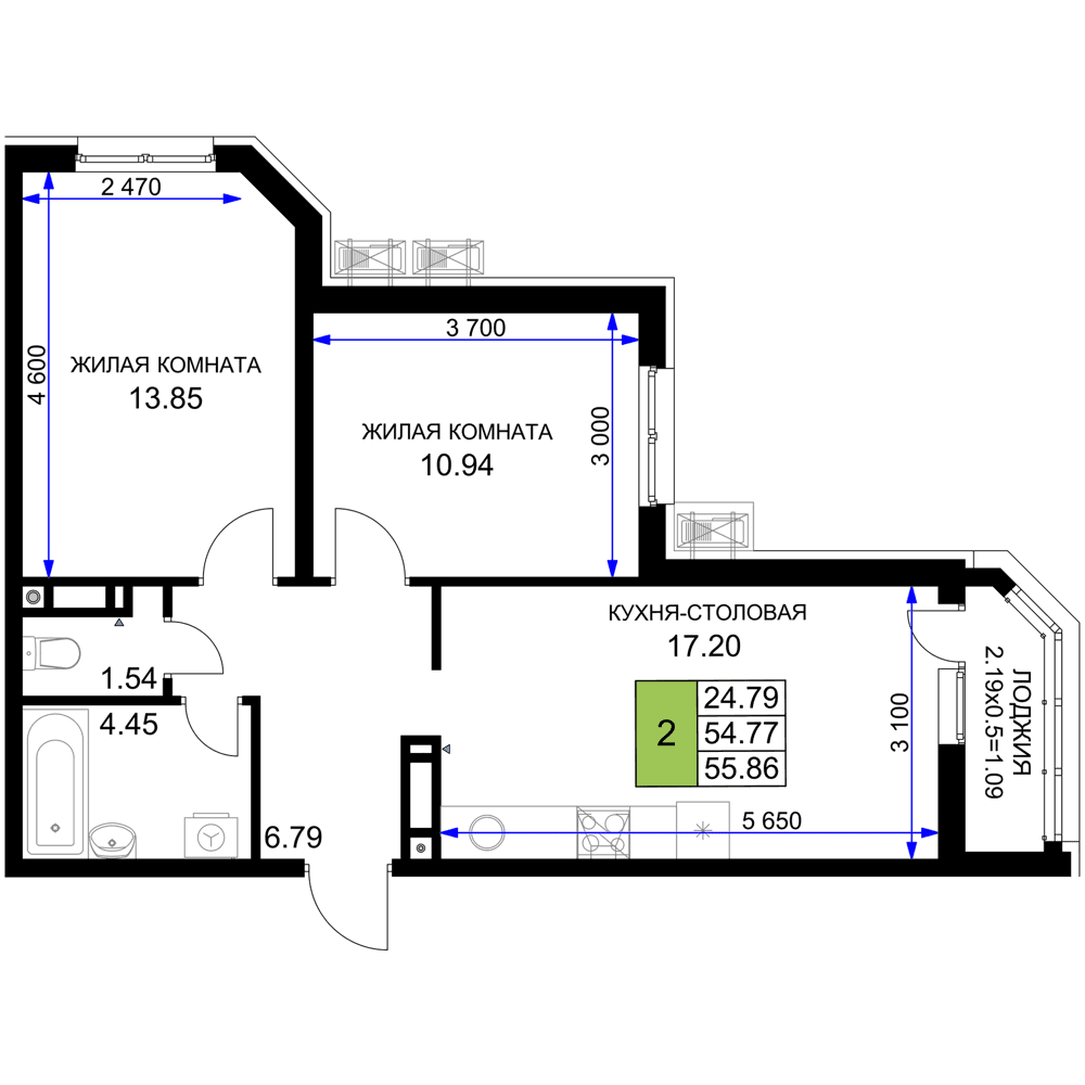 2-к, 55.86 м² · Фонтаны