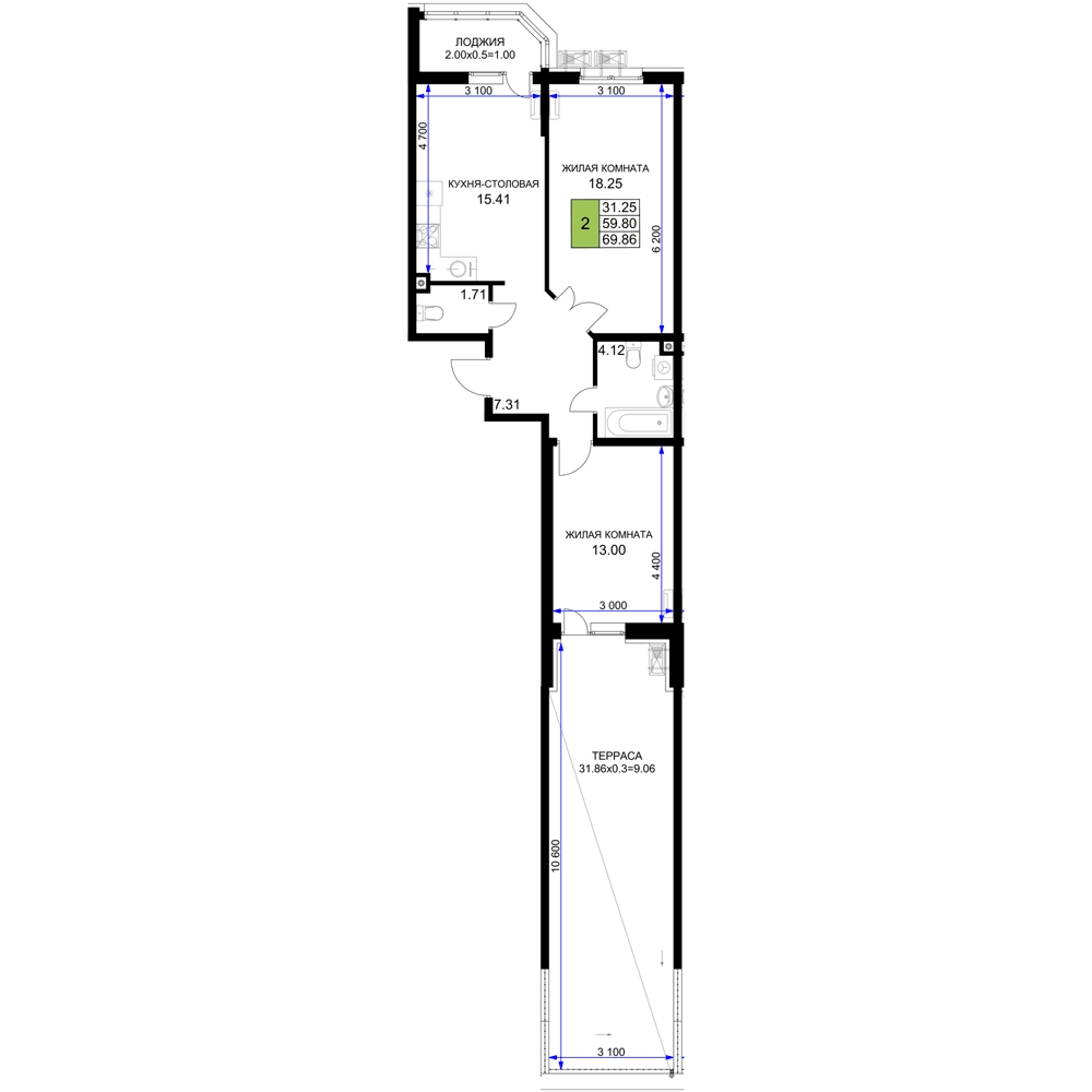 2-к, 69.86 м² · Фонтаны