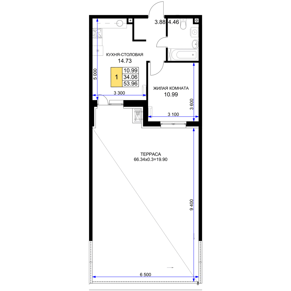 1-к, 53.96 м² · Фонтаны