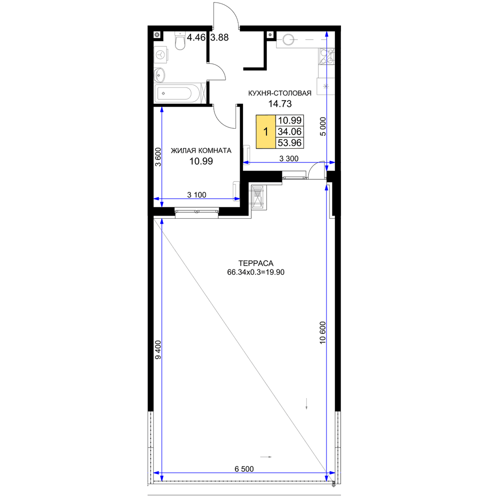 1-к, 53.96 м² · Фонтаны