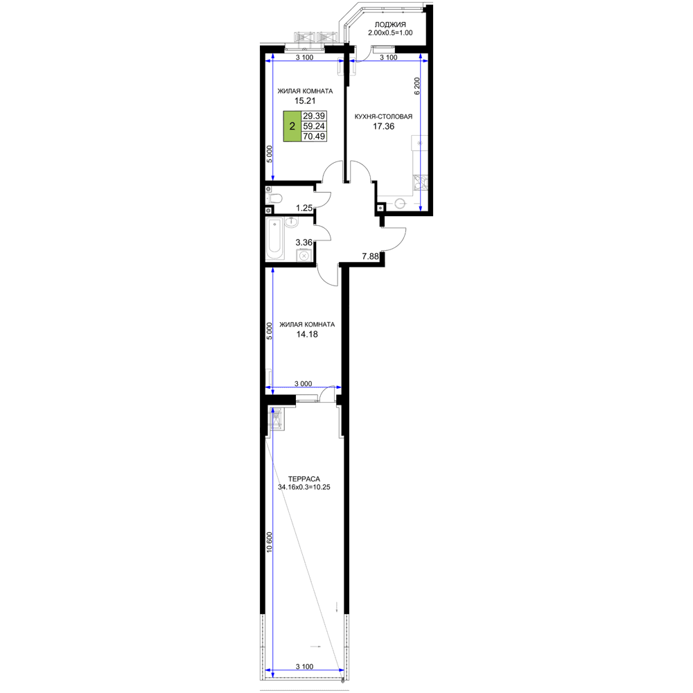2-к, 70.49 м² · Фонтаны