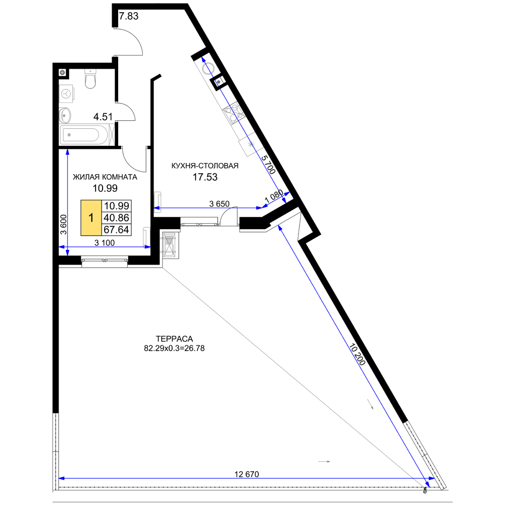 1-к, 67.64 м² · Фонтаны