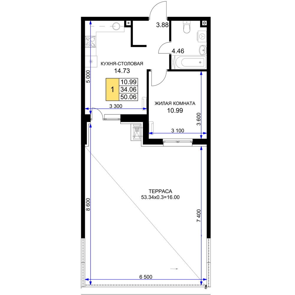 1-к, 50.06 м² · Фонтаны