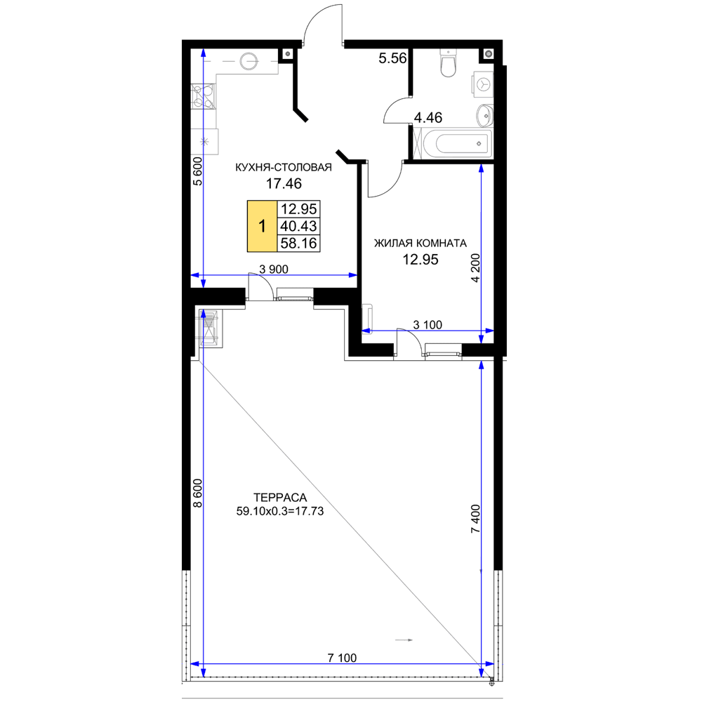 1-к, 58.16 м² · Фонтаны