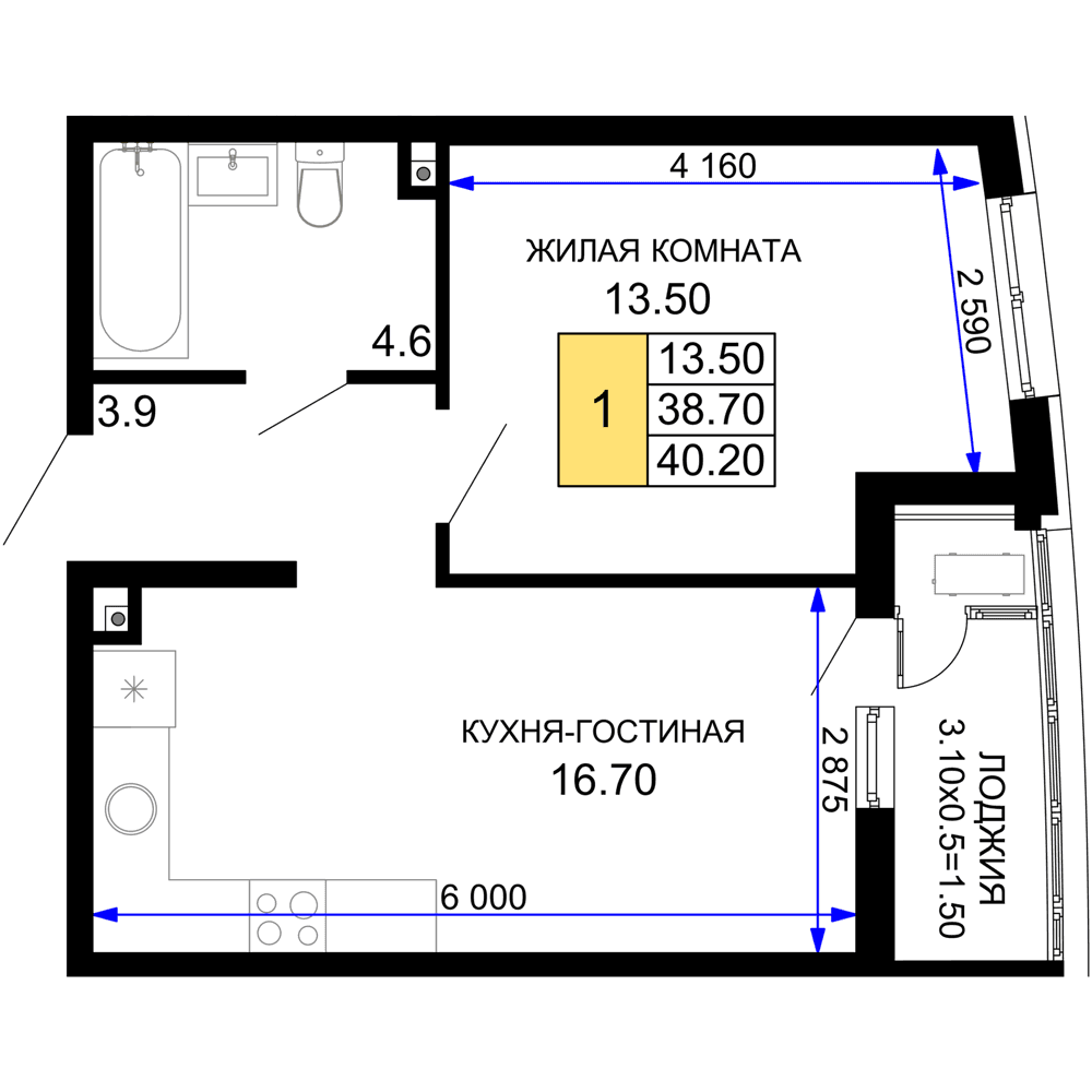 1-к, 40.2 м² · Фонтаны