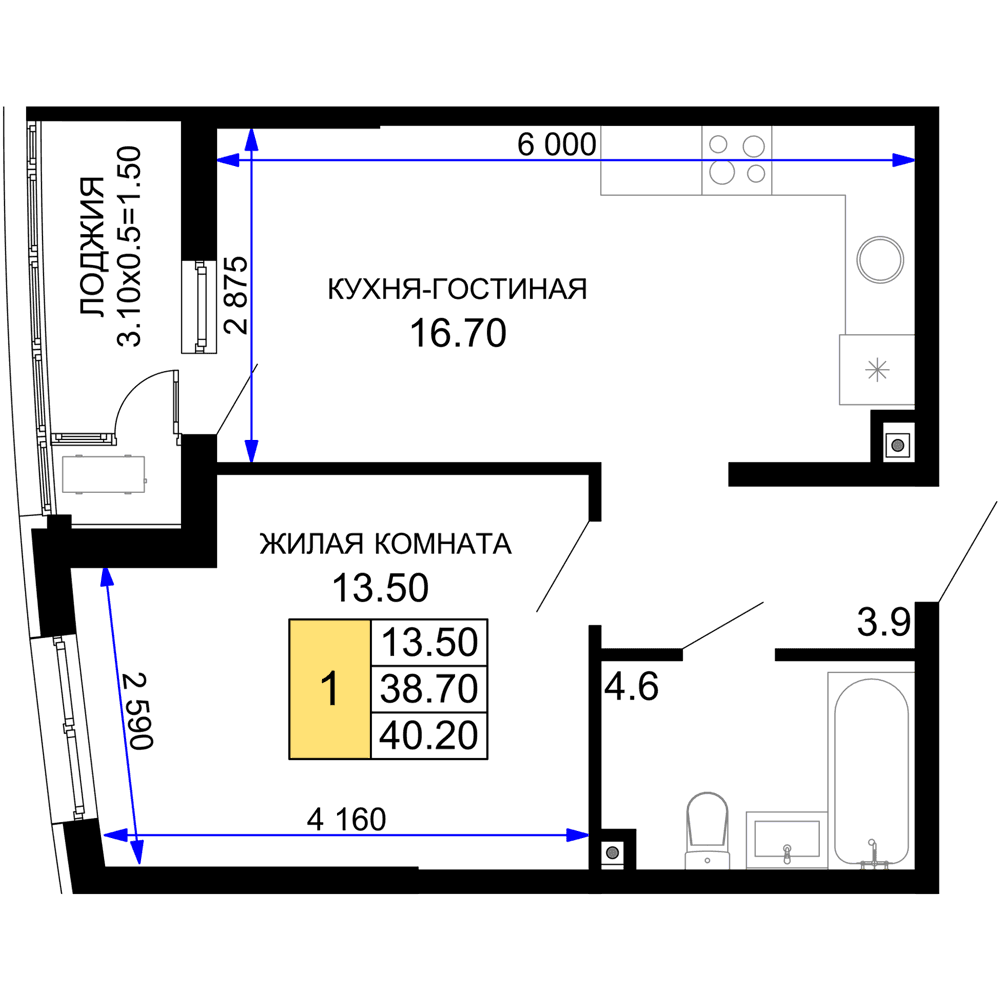 1-к, 40.2 м² · Фонтаны