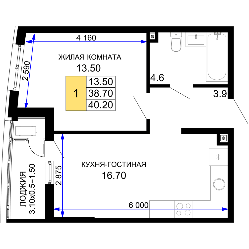 1-к, 40.2 м² · Фонтаны