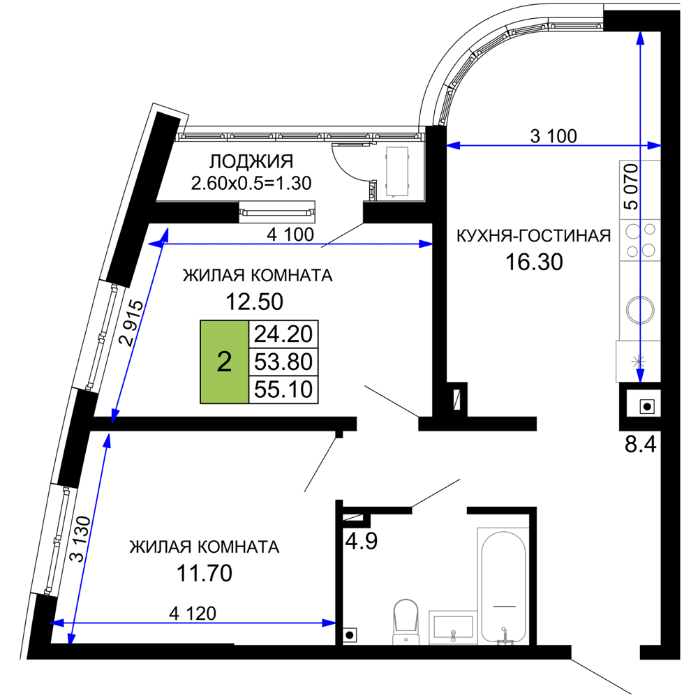 2-к, 55.1 м² · Фонтаны