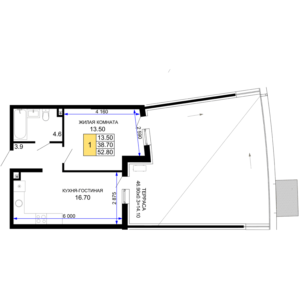 1-к, 52.8 м² · Фонтаны