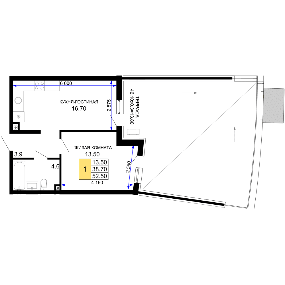 1-к, 52.5 м² · Фонтаны