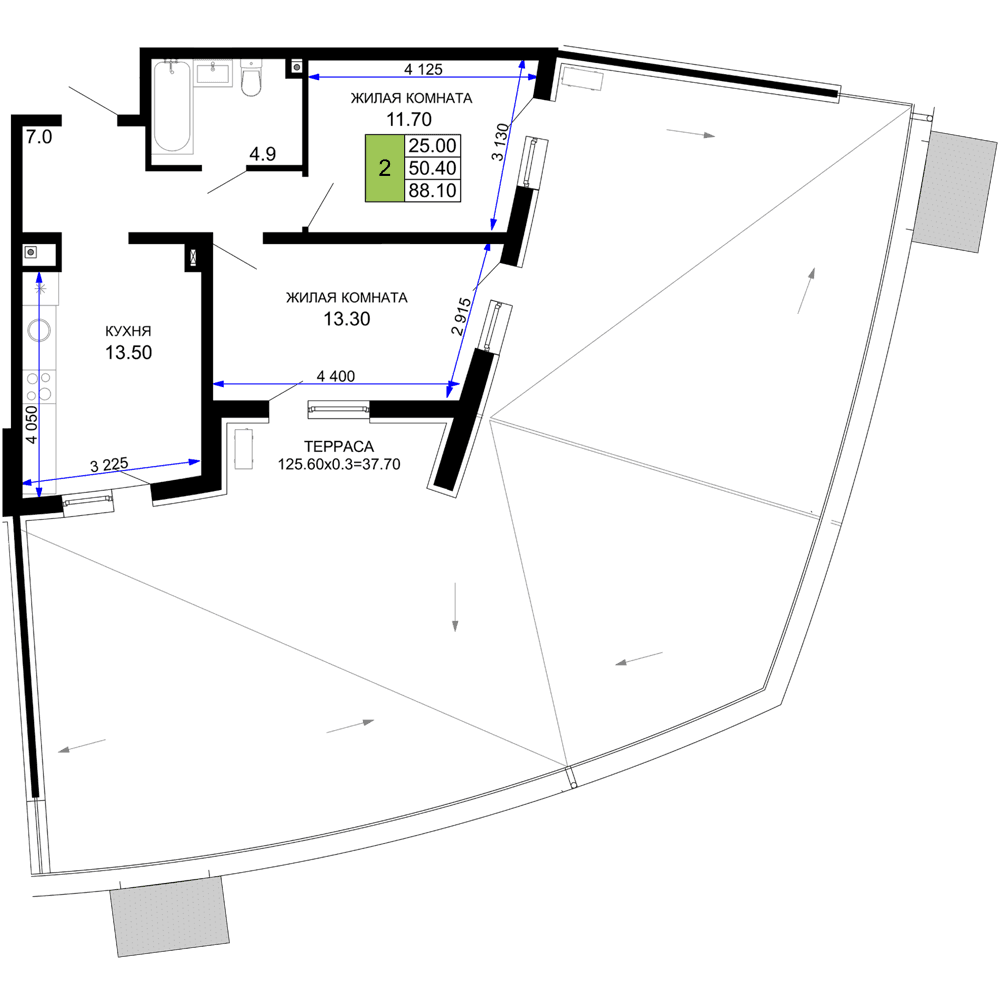 2-к, 88.1 м² · Фонтаны