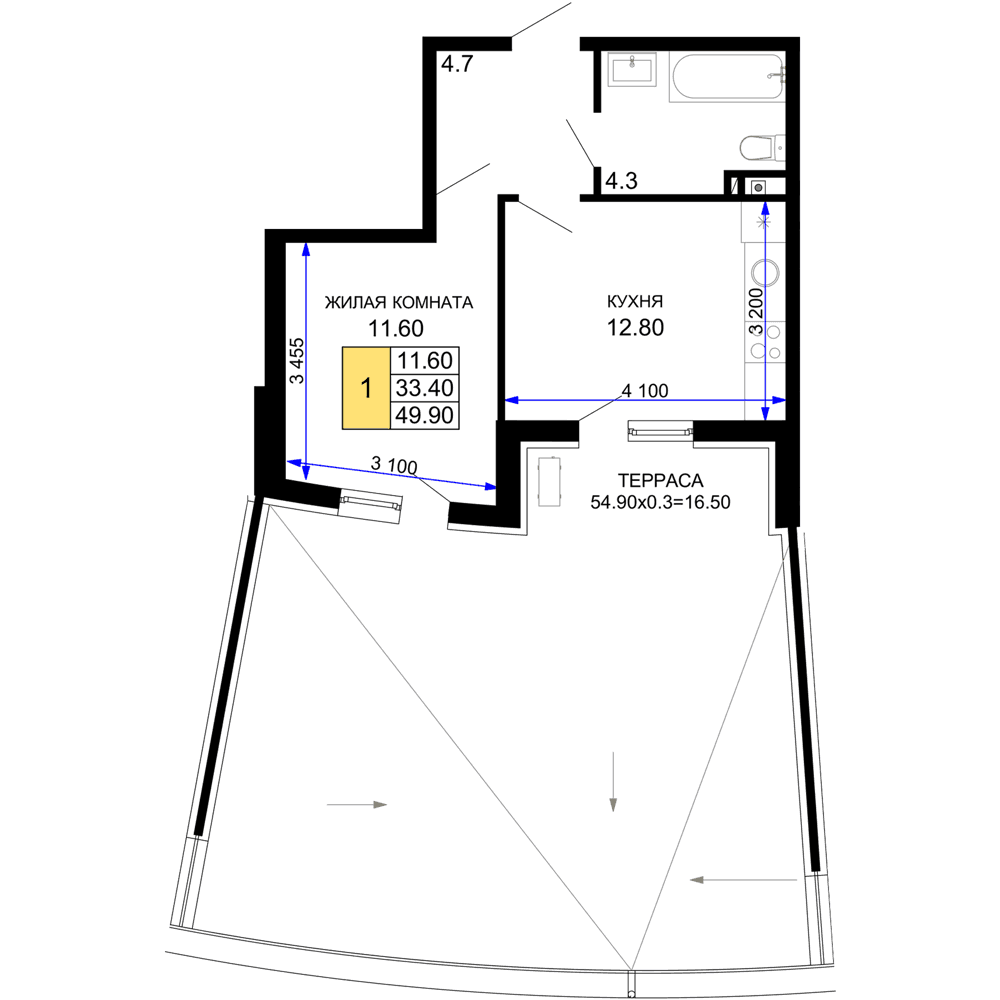1-к, 49.9 м² · Фонтаны