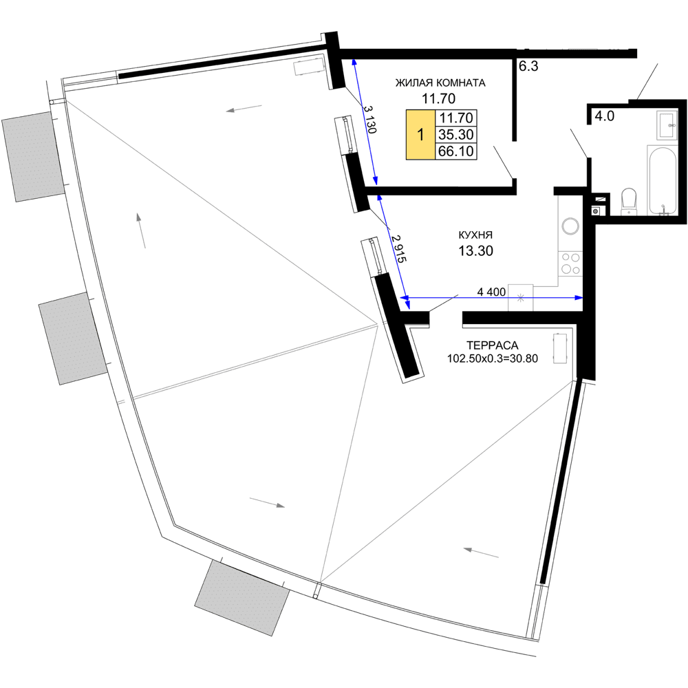 1-к, 66.1 м² · Фонтаны