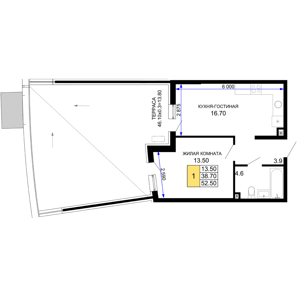1-к, 52.5 м² · Фонтаны