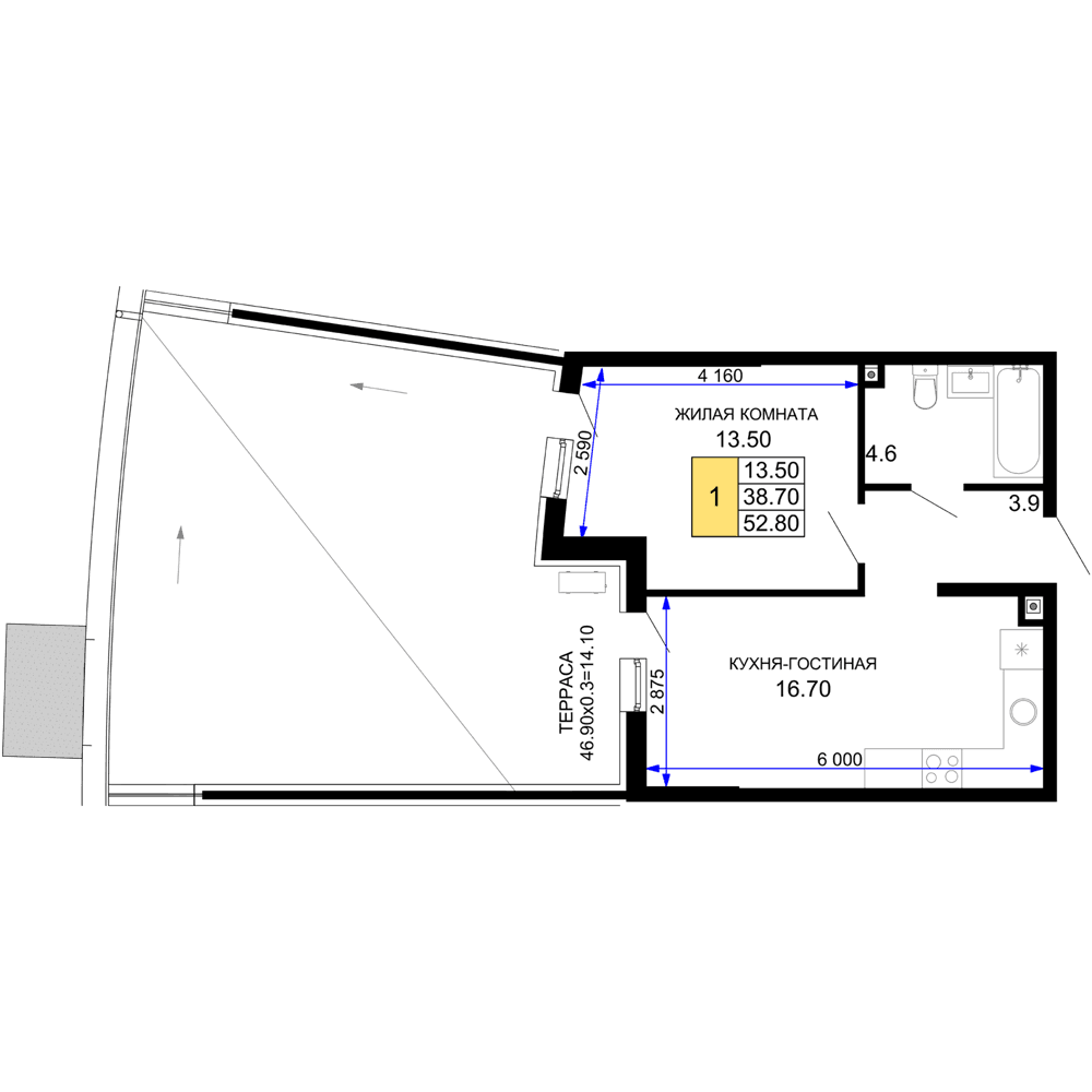 1-к, 52.8 м² · Фонтаны