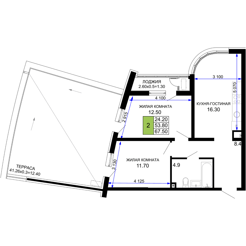 2-к, 67.5 м² · Фонтаны