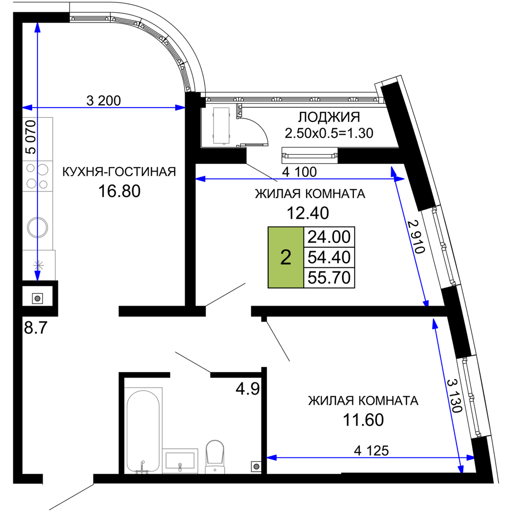 2-к, 55.7 м² · Фонтаны