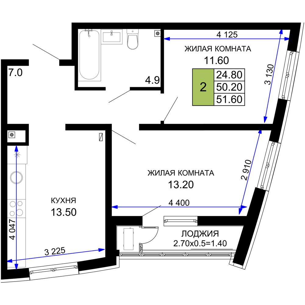 2-к, 51.6 м² · Фонтаны
