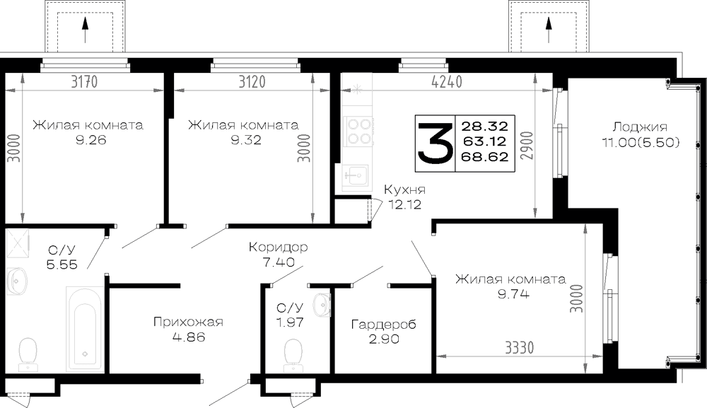 3-к, 68.62 м² · Усадьба Гостагаевская