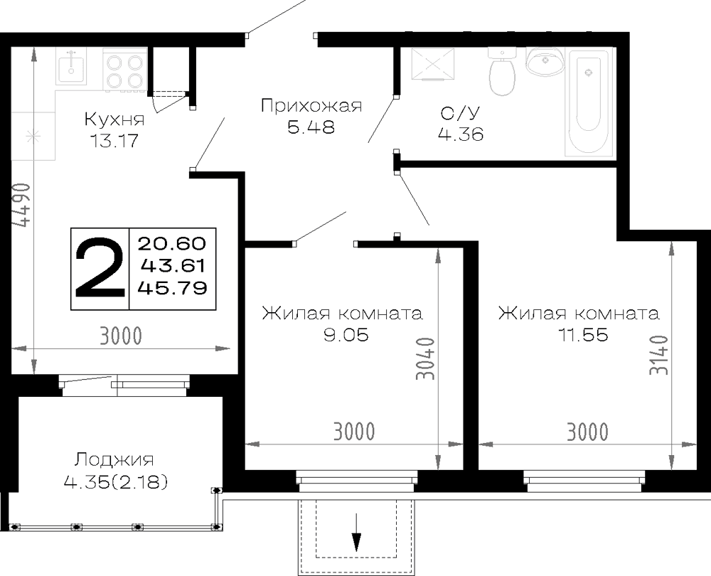 2-к, 45.79 м² · Усадьба Гостагаевская