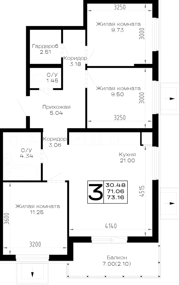 3-к, 73.16 м² · Усадьба Гостагаевская