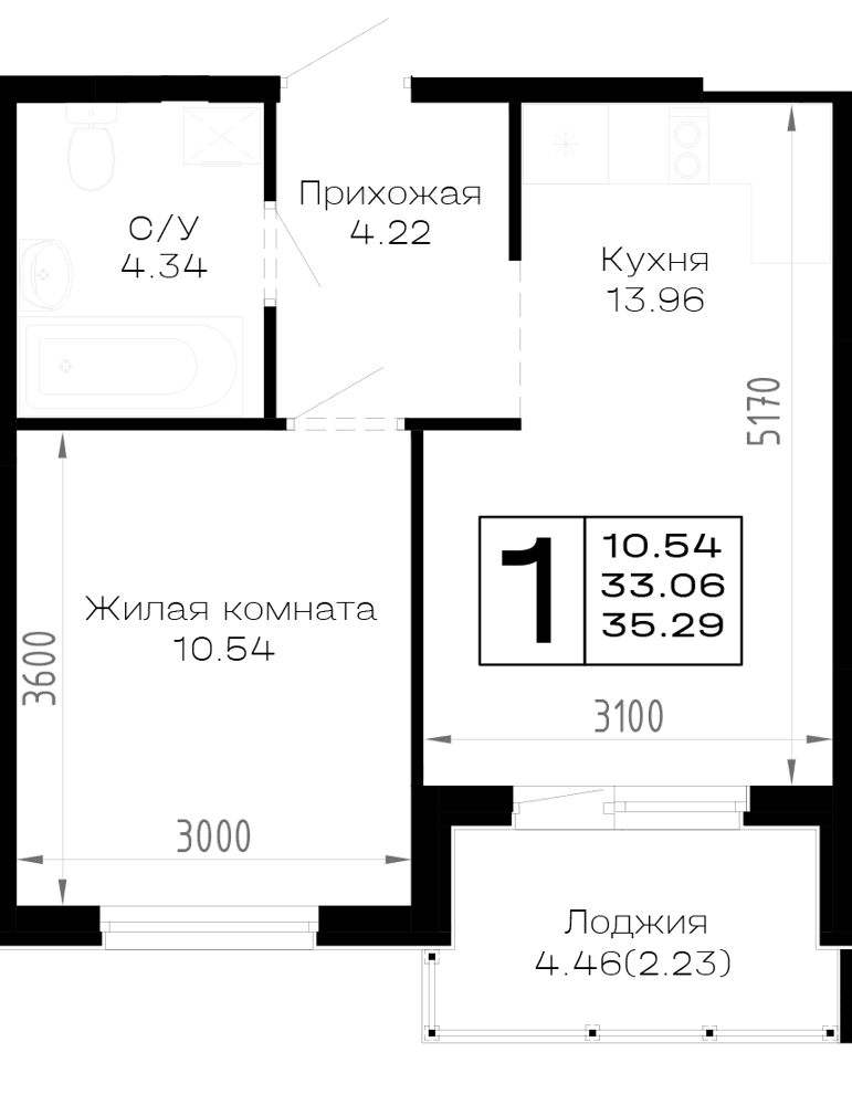 1-к, 35.29 м² · Усадьба Гостагаевская