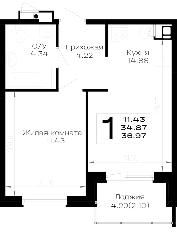 1-к, 36.97 м² · Усадьба Гостагаевская