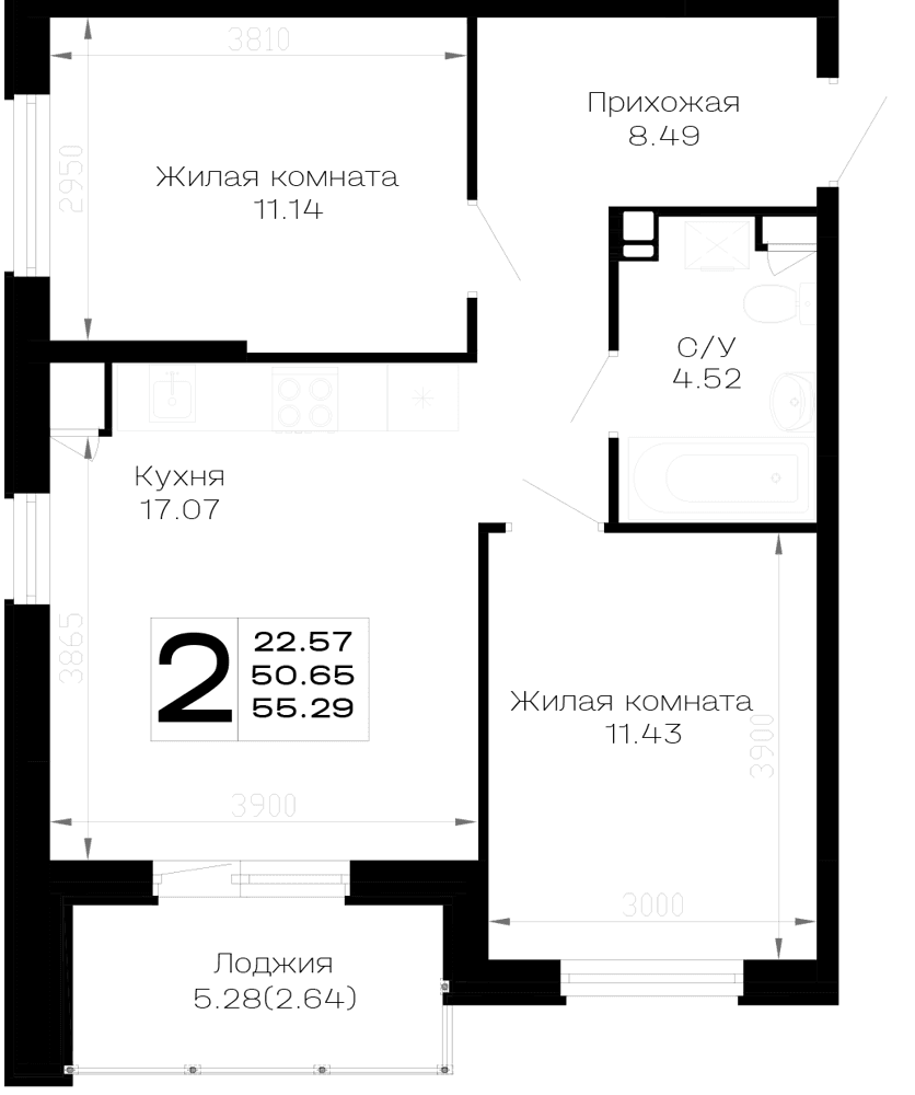 2-к, 55.29 м² · Усадьба Гостагаевская