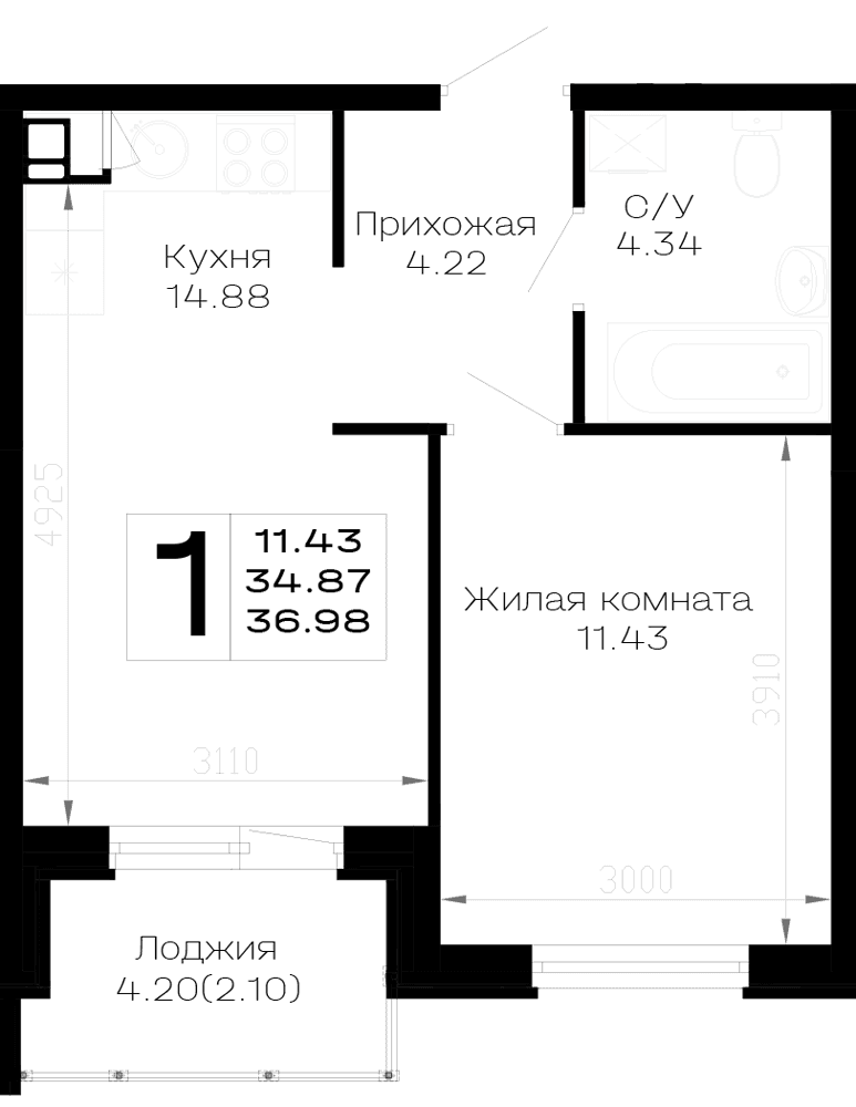 1-к, 36.97 м² · Усадьба Гостагаевская