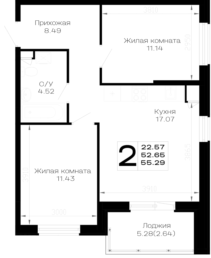 2-к, 55.29 м² · Усадьба Гостагаевская