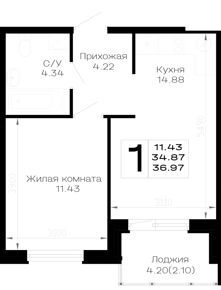 1-к, 36.97 м² · Усадьба Гостагаевская