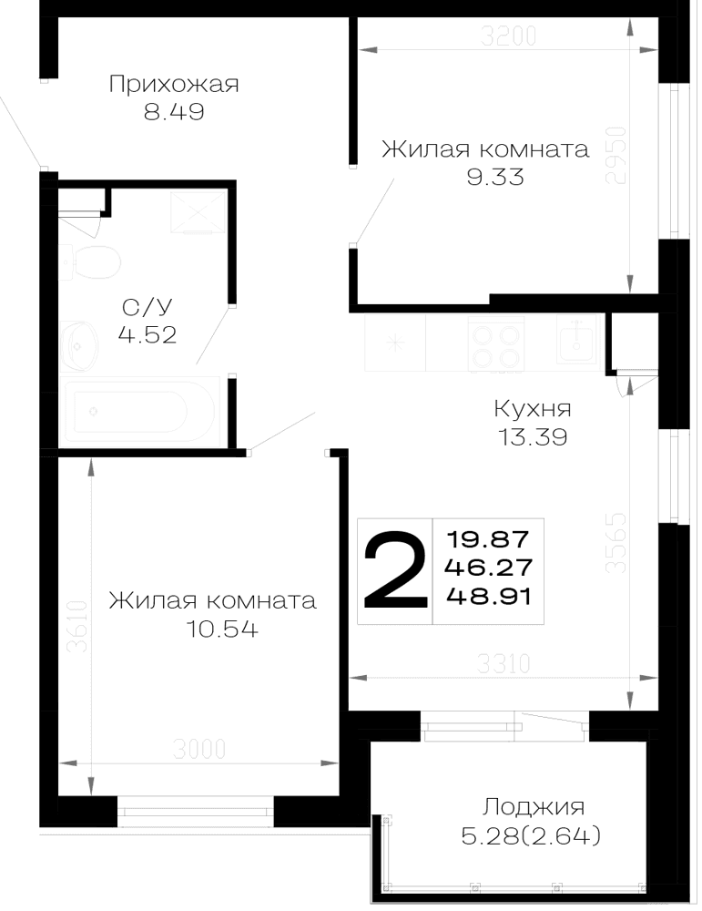2-к, 48.91 м² · Усадьба Гостагаевская