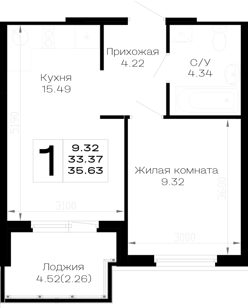 1-к, 35.63 м² · Усадьба Гостагаевская