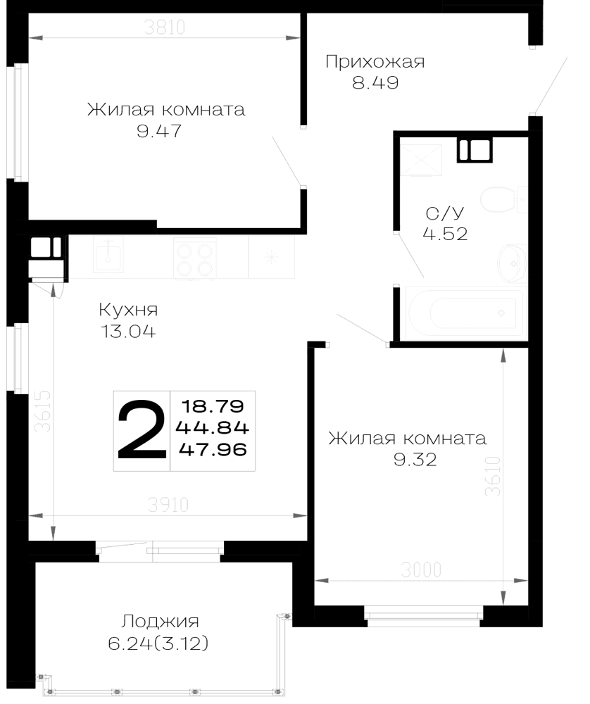 2-к, 47.96 м² · Усадьба Гостагаевская