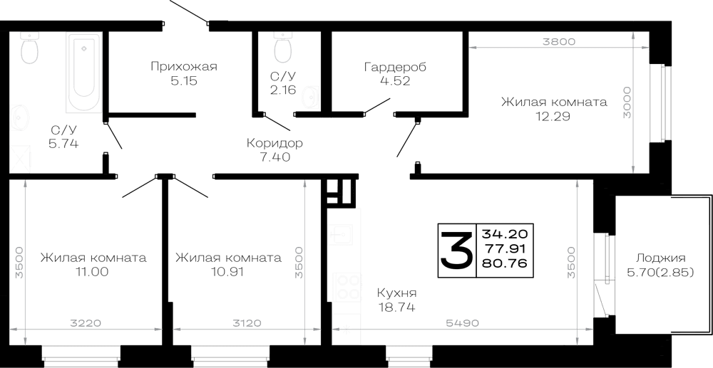 3-к, 80.76 м² · Усадьба Гостагаевская