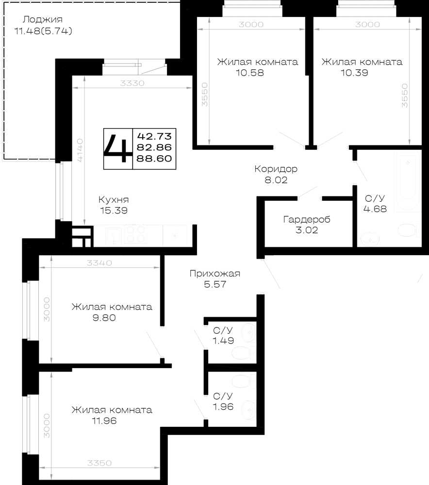 4-к, 88.6 м² · Усадьба Гостагаевская