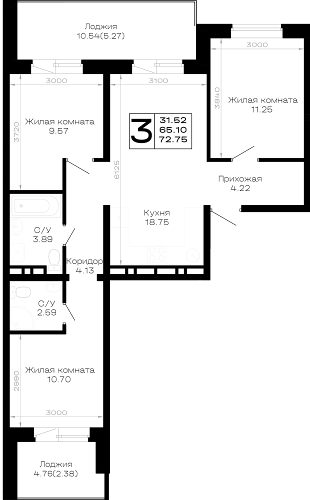 3-к, 72.75 м² · Усадьба Гостагаевская