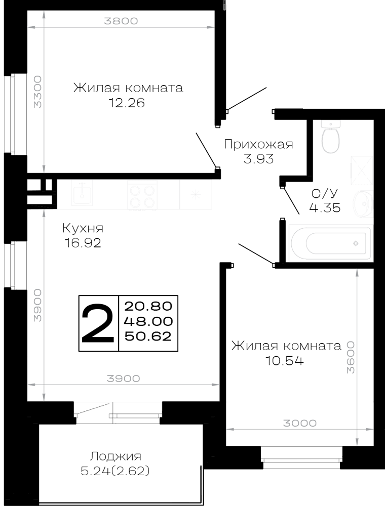 2-к, 50.62 м² · Усадьба Гостагаевская