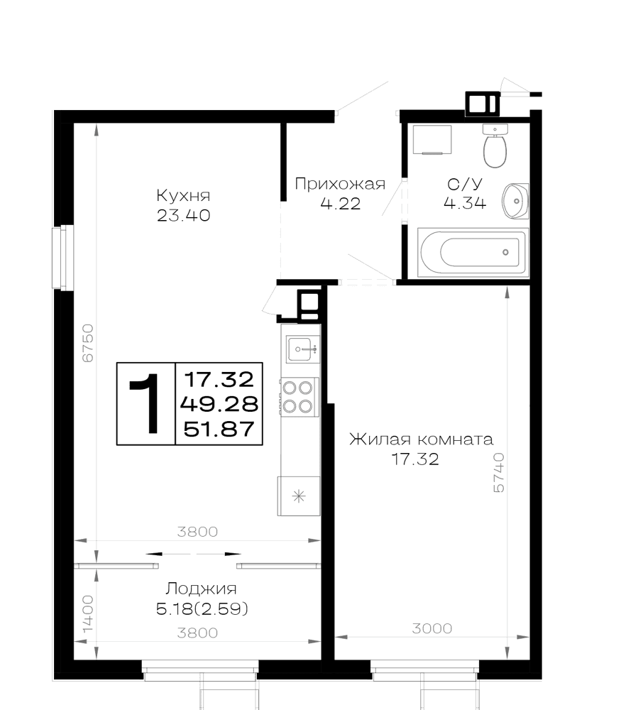 1-к, 51.87 м² · Усадьба Гостагаевская