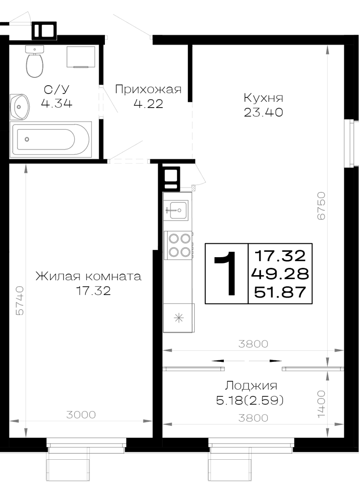 1-к, 51.87 м² · Усадьба Гостагаевская