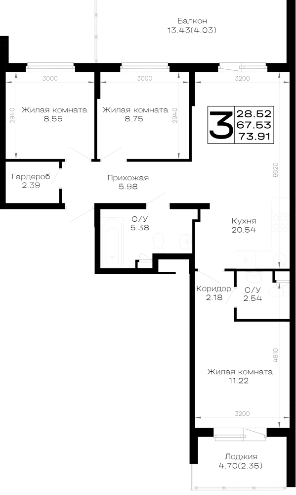 3-к, 73.91 м² · Усадьба Гостагаевская